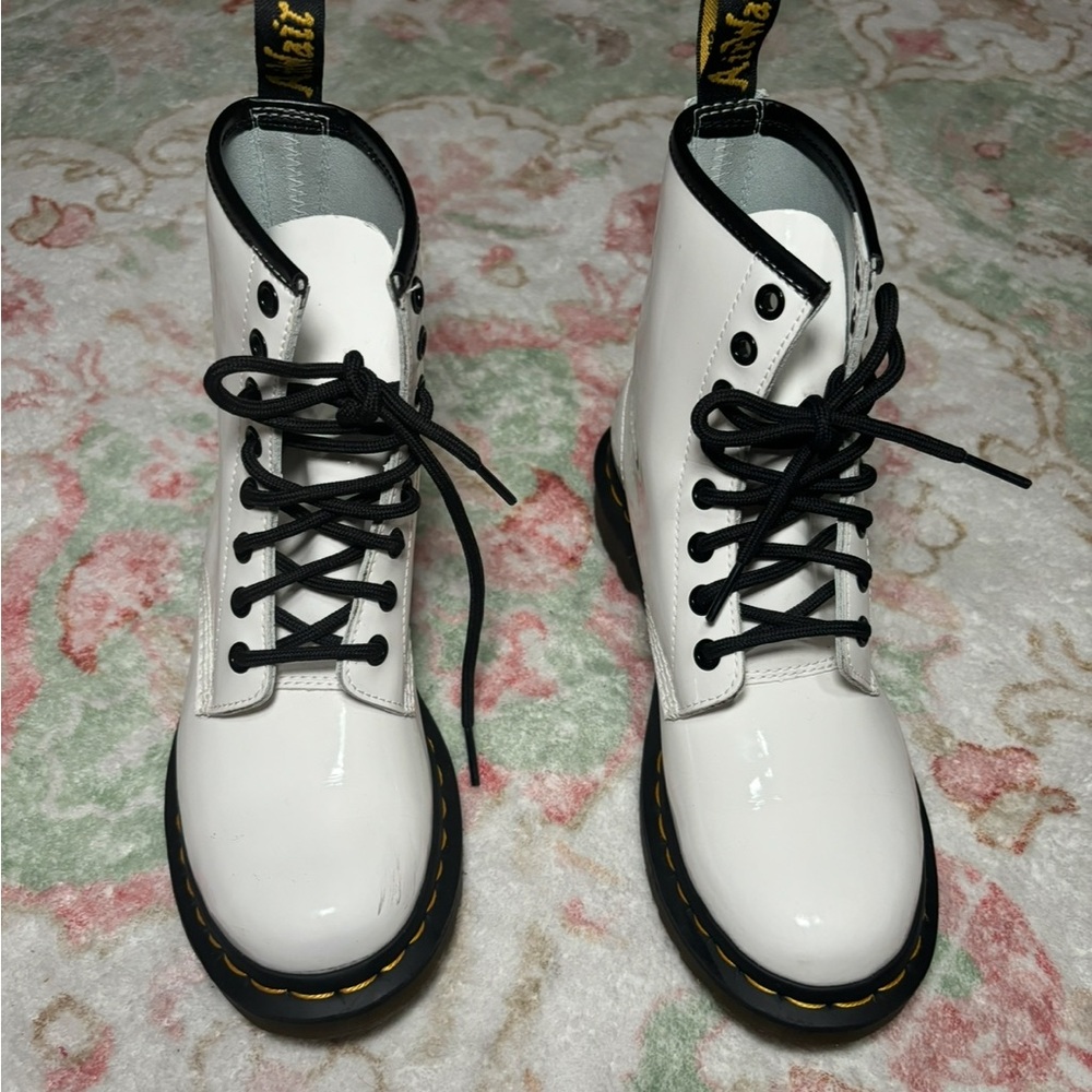 Dr. Martens White Patent Leather Combat Boots with Black Laces
